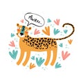 Character is a cute leopard in tropics. Flat  illustration. Big wild cat. Funny animal. Design, for printing on fabric, Royalty Free Stock Photo