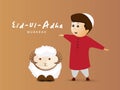 Character of Cute Muslim Boy Opening His Arms and Cartoon Sheep on the Occasion of Eid-Ul-Adha Mubarak Festival of Sacrifice