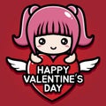 cute pink haired girl character on Valentine\'s Day greetings Royalty Free Stock Photo