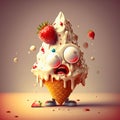 Character Design Melting Ice Cream Cone with Emotional and Expressive Agony Look and a Strawberry on Top