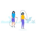 Character design of two young fitness woman doing exercising with jumping ropes in nature with healthy lifestyle concept. Vector Royalty Free Stock Photo