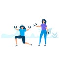 Character design of two young fitness woman exercising with holding dumbbell in nature with healthy lifestyle concept. Vector Royalty Free Stock Photo