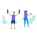 Character design of young fitness couple exercising with holding dumbbell in nature with healthy lifestyle concept. Vector Royalty Free Stock Photo