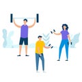 Character design of young people group exercising with holding dumbbell and barbell in nature with healthy lifestyle concept.