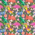 Character dinosaurs seamless pattern with flowers. Watercolor fantastic cartoon dino illustration. Floral repeated