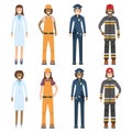Character doctor, policeman, worker, firefighter standing isolated on white, flat vector illustration. Human female important