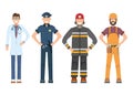 Character doctor, policeman, worker, firefighter standing isolated on white, flat vector illustration. Human male important