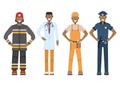 Character doctor, policeman, worker, firefighter standing isolated on white, flat vector illustration. Human male important