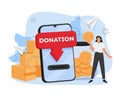 Character donating money illustration. Volunteers putting coins in donation box and donating.