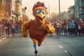 Character dressed as a turkey runs down the street with a marathon. Generative AI