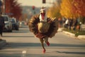 Character dressed as a turkey runs down the street with a marathon. Generative AI