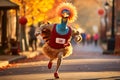 Character dressed as a turkey runs down the street with a marathon. Generative AI