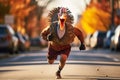 Character dressed as a turkey runs down the street with a marathon. Generative AI