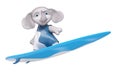 Character elephant surfer with surf board 3d rendering