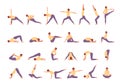 Character engaged fitness yoga large set. Woman conducts tadasana exercises stands pose tree asana triangle meditative