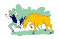 Character Escaping from Angry Horned Moose. Man Attacked with Wild Animal. Danger during Traveling in Forest and Nature
