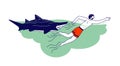 Character Escaping from Shark. Man Attacked with Water Animal. Danger during Traveling and Outdoor Recreation Concept