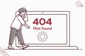 Character experiencing frustration while standing next to a computer displaying a 404 Not Found error message in a modern digital Royalty Free Stock Photo