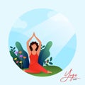 Character of Faceless Woman Doing Meditation on Floral Decorated Blue Background for International Yoga Day Royalty Free Stock Photo