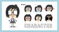 Character faces design. Set of man with emoji different facial expressions, smile, bored, anger and sick. Cute cartoon avatars