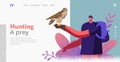Character on Falconry Festival or Outdoor Zoo Park Landing Page Template. Wild Falcon Sit on Man Hand in Leather Glove