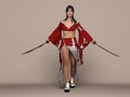 3D Render : a character of a female fighter with japanese style wearing kimono and holding the long katana