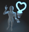 Character, figure, man having a love idea depicted by heart shaped blue neon, fluorescent light bulb Royalty Free Stock Photo