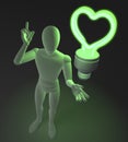 Character, figure, man having a love idea depicted by heart shaped green neon, fluorescent light bulb Royalty Free Stock Photo