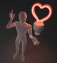 Character, figure, man having a love idea depicted by heart shaped red neon, fluorescent light bulb Royalty Free Stock Photo