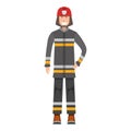 Character fireman standing isolated on white, flat vector illustration. Human female important firefighter professional activity,