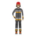 Character fireman standing isolated on white, flat vector illustration. Human female important firefighter professional activity,