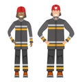 Character fireman standing isolated on white, flat vector illustration. Human male and female important firefighter professional