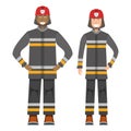 Character fireman standing isolated on white, flat vector illustration. Human male and female important firefighter professional