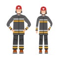 Character fireman standing isolated on white, flat vector illustration. Human male and female important firefighter professional