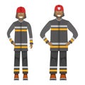 Character fireman standing isolated on white, flat vector illustration. Human male and female important firefighter professional