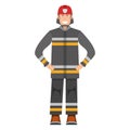 Character fireman standing isolated on white, flat vector illustration. Human male important firefighter professional activity,