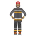 Character fireman standing isolated on white, flat vector illustration. Human male important firefighter professional activity,