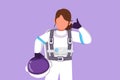 Character flat drawing active female astronaut holding helmet with call me gesture wearing spacesuit ready to explore outer space