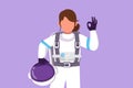 Character flat drawing of active female astronaut holding helmet with okay gesture wearing spacesuit ready to explore outer space