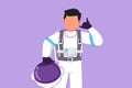 Character flat drawing active male astronaut holding helmet with call me gesture wearing spacesuit and ready to explore outer