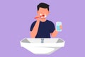 Character flat drawing active man brushing teeth in sink. Routine habits every morning for cleanliness, health, freshness of mouth
