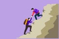 Character flat drawing active two men hiker helping each other on top of mountain. Teamwork hiking help each other trust