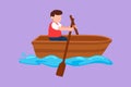 Character flat drawing adorable little boy paddling boat at river. Cute kids riding wooden boat. Kids rowing boat on lake. Happy Royalty Free Stock Photo