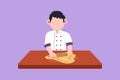Character flat drawing adorable little boy stretching dough with rolling pin. Happy kids making homemade pizza at kitchen.