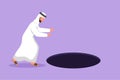 Character flat drawing Arab businessman looking at black hole. Manager wondering and looking at big hole, business concept in