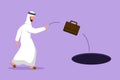 Character flat drawing Arab businessman throws briefcase into hole. Failure to take advantage of business opportunities.