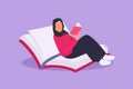 Character flat drawing Arab female reading, learning and sitting on open big book. Smart student studying in library. Literature Royalty Free Stock Photo