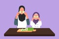 Character flat drawing Arab little girl and her beautiful mom are holding slices of cucumber and smiling while cooking in kitchen