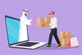 Character flat drawing Arab male customer receives boxed package, through laptop computer screen from male courier. Online