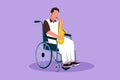 Character flat drawing Arab man sitting in wheelchair plays saxophone. Disability patient, classical music performance. Physically